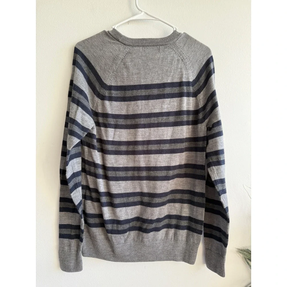 Banana Republic Mens Merino Wool Striped Crewneck Sweater Grey Navy Blue Medium